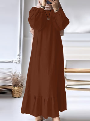 Fashion Solid Color Round Neck Ruffled Long Sleeve Dress