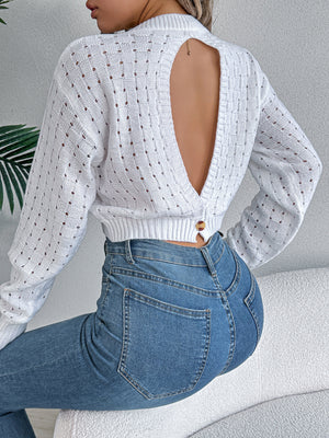 Women Sexy Backless Button Hollow Out Long Sleeve Pullover Sweater