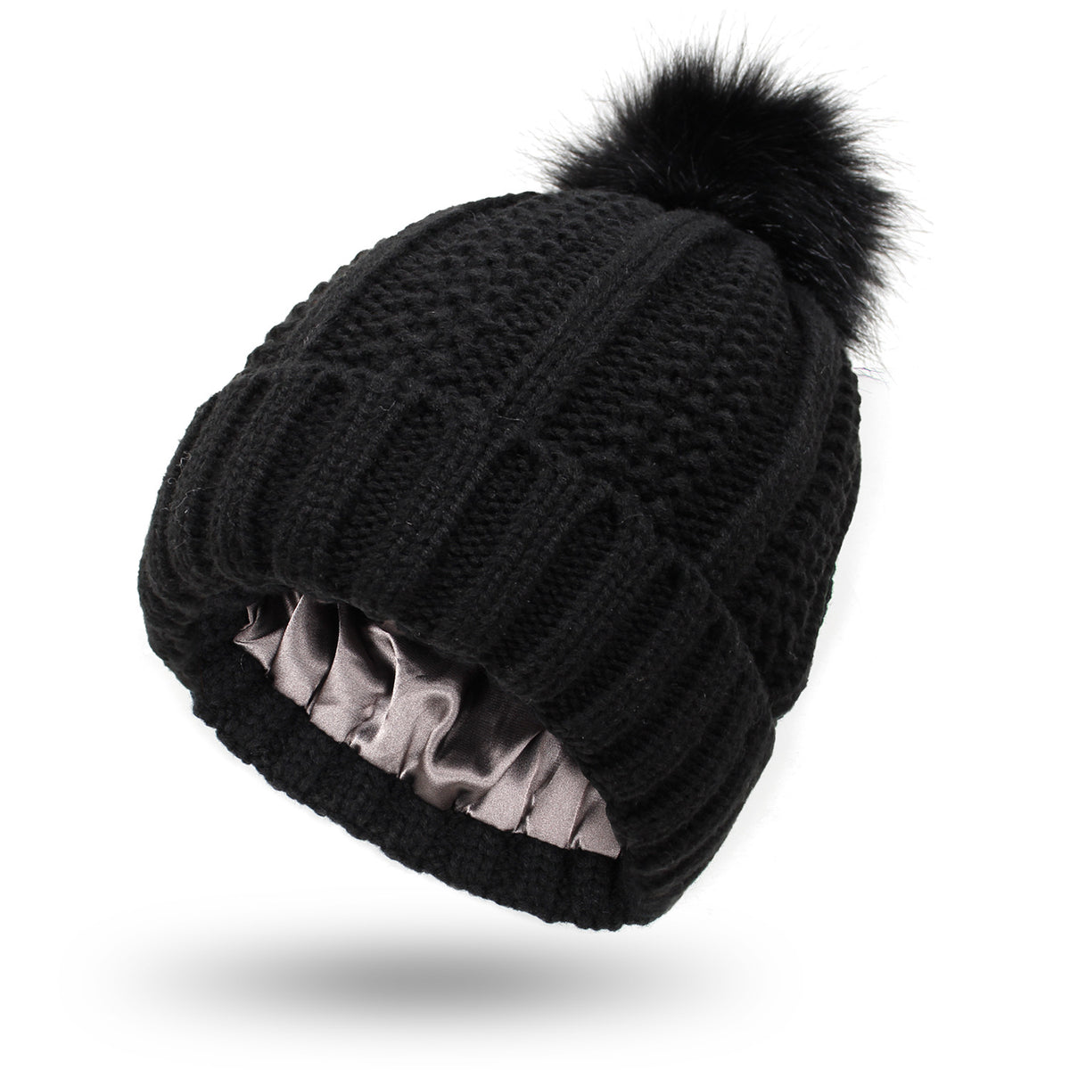 Winter Knitted Hats Fashion Stretchy Lined Skull Hats For Women Faux Fur Pom Pom Hat Keep Warming Beanie Hat