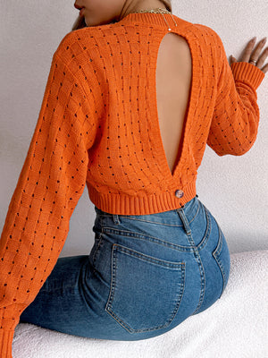 Women Sexy Backless Button Hollow Out Long Sleeve Pullover Sweater
