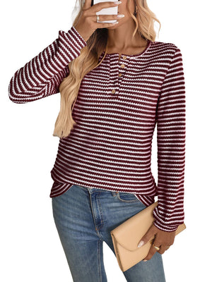 European And American Pineapple Grid Casual Button Round Neck T-shirt Knitted Long Sleeve